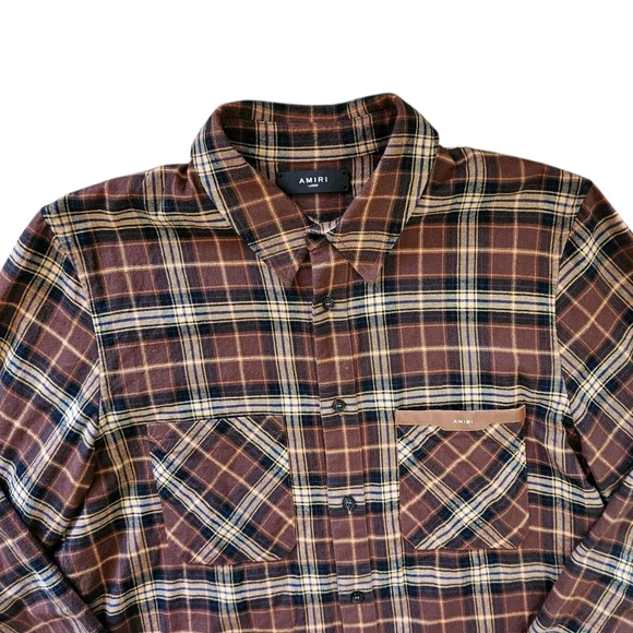 Amiri | Leather Logo Flannel Button Down Shirt | Brown | Mens | Size Large - Picture 6 of 16